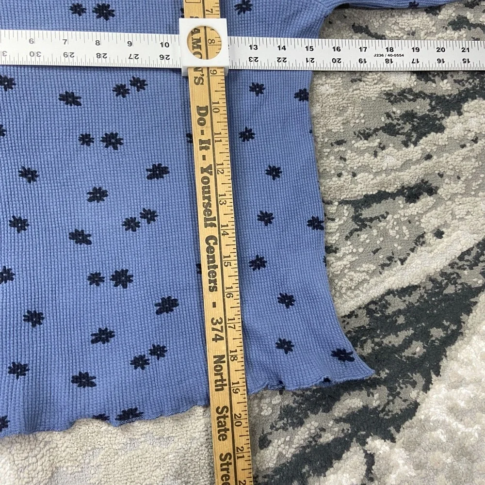 Gap Waffle Knit T Shirt Unisex Kids 2XL Blue Cotton Floral Lettuce Edge Hem Warm